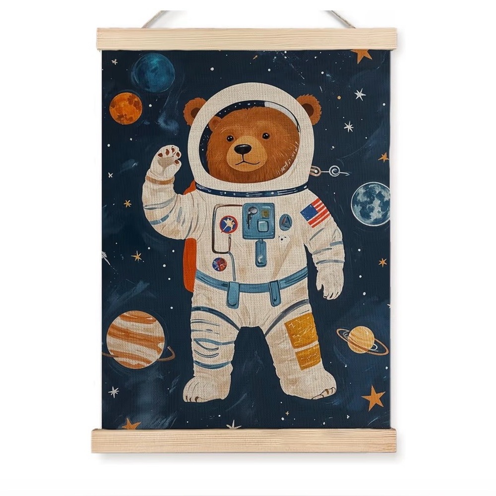 Astronaut Bear & Rocket Ship Hanging Wall Art Poster Set